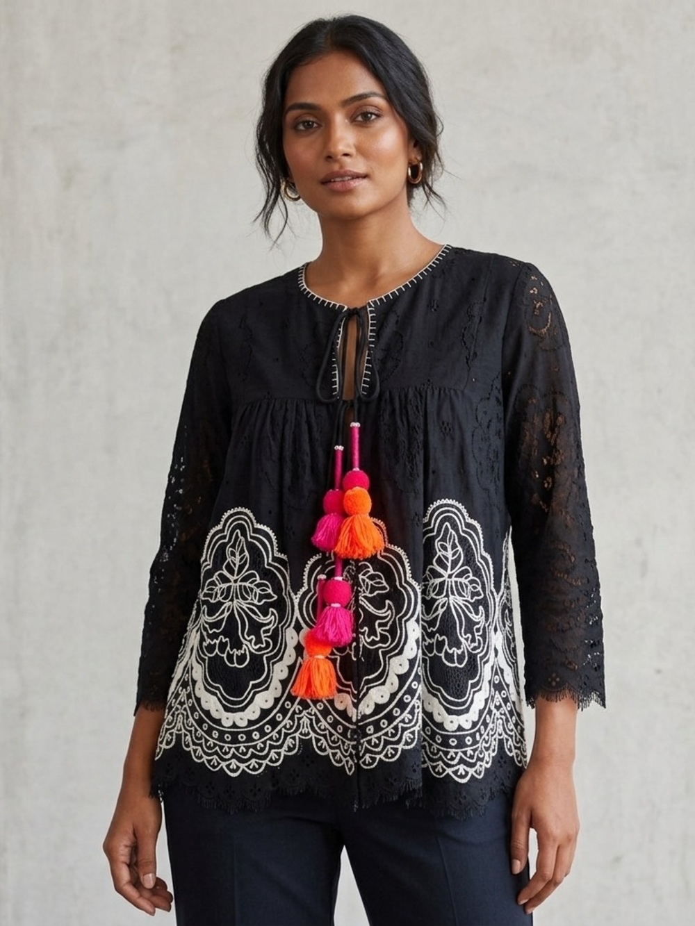 Hemant & Nandita Black & White Embroidered Lace Kimono Top Pom Poms Tassels XS